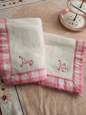 Vtg New White & Pink Baby Blankets with Pink Gingham Trim